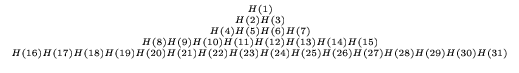 $\displaystyle {\tiny \begin{array}{c} H(1) \\ H(2) H(3) \\ H(4) H(5) H(6) H(7) ......H(21) H(22) H(23) H(24) H(25) H(26) H(27) H(28) H(29) H(30) H(31) \end{array} }$