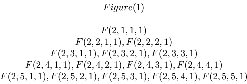 \begin{displaymath}\begin{array}{c} Figure(1) \\ \\ F(2,1,1,1) \\ F(2,2,1,1),F(2...

...1,1),F(2,5,2,1),F(2,5,3,1),F(2,5,4,1),F(2,5,5,1) \\ \end{array}\end{displaymath}